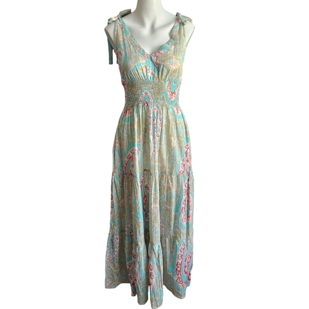 La Plage Tiered Ruffle Maxi Dress Floral Print 100% Cotton Pockets Sz XS